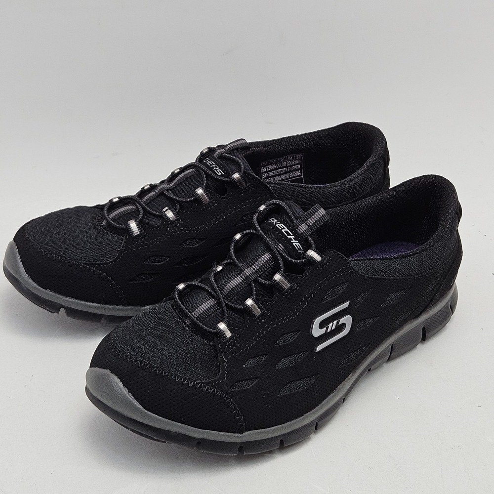 Skechers Sport Womens 7 Black Bungee Lace Walking Shoes Sneakers 22604 BBK